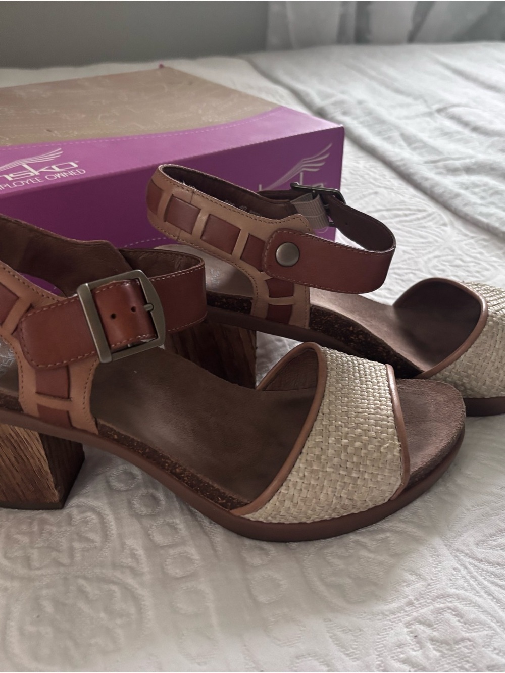 Dansko Brown Leather & Cream Woven Block Heel Sandals
